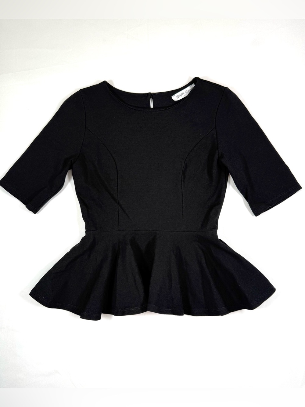 BRIGITTE BRIANNA Womens Peplum Top S Black Ponte Stretch Made USA Modest Career